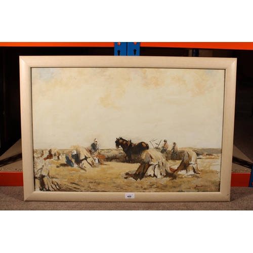 405 - JAMES BAIRD, farming scene with horses and figures gathering and cutting hay, mixed media, signed lo... 