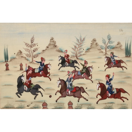 408 - Indian School, figures on horseback, gouache, 10cm x 15cm, frame 23cm x 29cm.