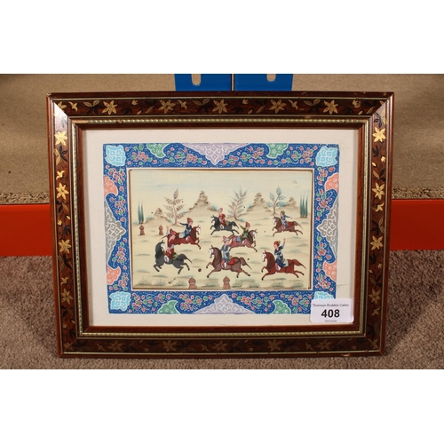 408 - Indian School, figures on horseback, gouache, 10cm x 15cm, frame 23cm x 29cm.