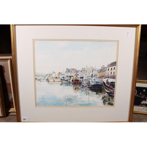 409 - J HOUSSIE, harbour, watercolour, signed and dated '82 lower right, 37cm x 45cm, frame 61cm x 70cm, s... 