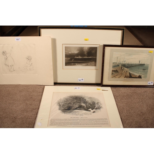 411 - THOMAS GIRTIN, Tynemouth, print, 12cm x 19cm in Hogarth frame 37cm x 52cm. Manner of EILEEN SOPER, c... 