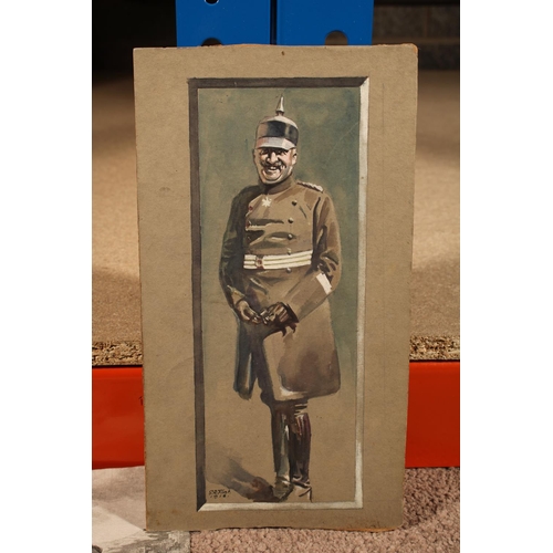 412 - S R FLINT, Kaiser William II, watercolour, signed and dated lower left 1916, 22cm x 8cm and an engra... 