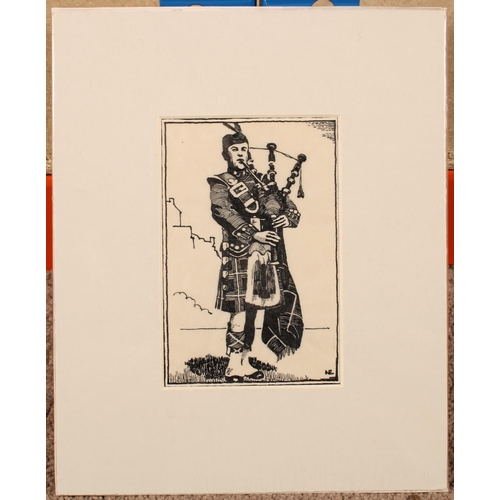 416 - NE, Scottish piper, ink drawing, initialled bottom right, 13cm x 8cm, unframed.