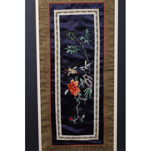 420 - CHINESE SCHOOL, two needlework on silk panels, 28cm x 32cm and 46cm x 20cm. (2)