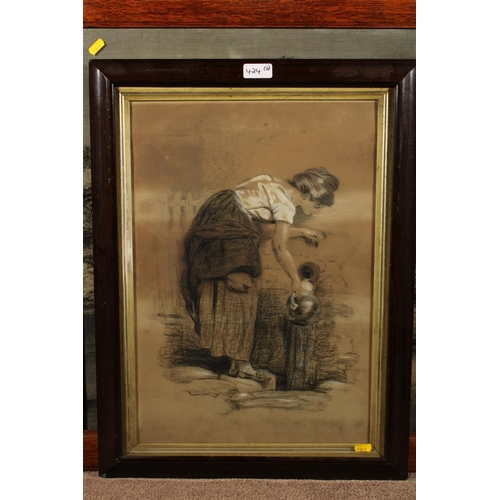 424 - EARLY 20TH CENTURY SCHOOL, woman filling a terracotta jug from a pipe, charcoal drawing with highlig... 