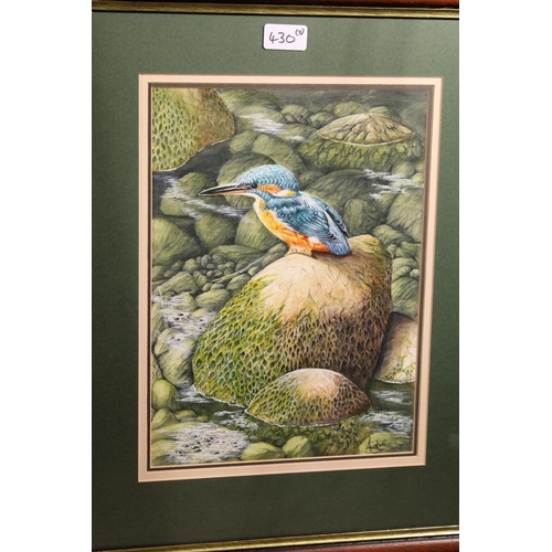 430 - M BENDALL, Blue Heron, pastel drawing, signed lower left, 43cm x 36cm. R M LAMBIE, Kingfisher, water... 