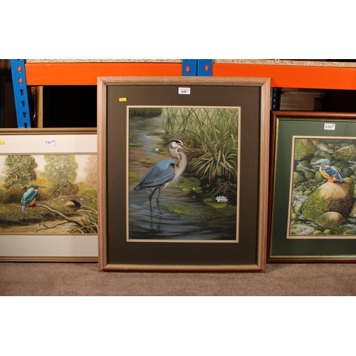 430 - M BENDALL, Blue Heron, pastel drawing, signed lower left, 43cm x 36cm. R M LAMBIE, Kingfisher, water... 