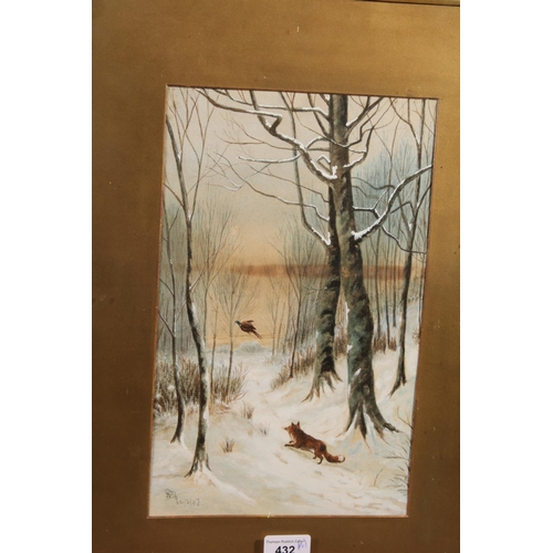 432 - JAB, fox chasing a grouse in a winter woodland, watercolour, signed with initials and dated '87, 33c... 