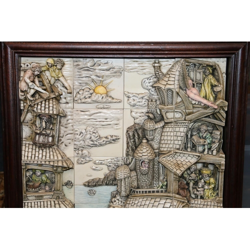 192 - Heavy cast resin diorama of a village harbour scene in wooden frame, 58cm high.