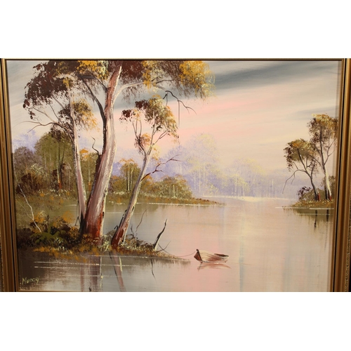 434 - MURRAY, three oil paintings of lake scenes, signed, 44cm x 60cm, frame 52cm x 66cm and L T WEST, Clo... 