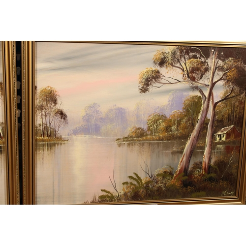 434 - MURRAY, three oil paintings of lake scenes, signed, 44cm x 60cm, frame 52cm x 66cm and L T WEST, Clo... 