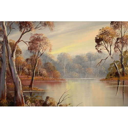 434 - MURRAY, three oil paintings of lake scenes, signed, 44cm x 60cm, frame 52cm x 66cm and L T WEST, Clo... 