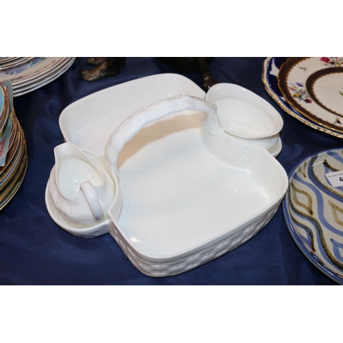 47A - Halcyon Days white porcelain serving tray with loop handle and matching integral cream and sugar, W2... 