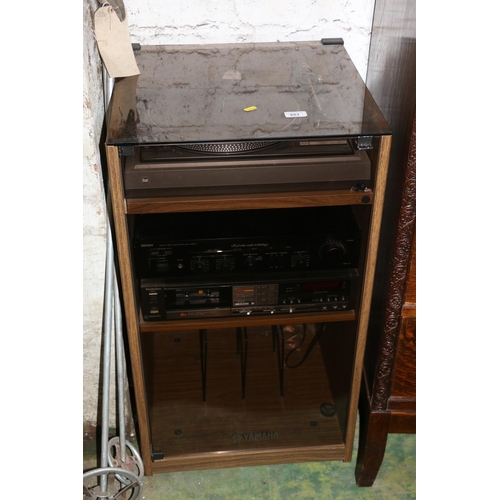 651 - 1980s music cabinet with Dual 505 turntable, a Denon amplifier and Technics tape deck, and two audio... 