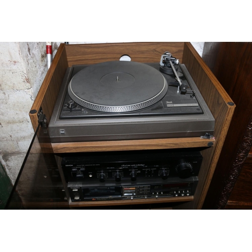 651 - 1980s music cabinet with Dual 505 turntable, a Denon amplifier and Technics tape deck, and two audio... 