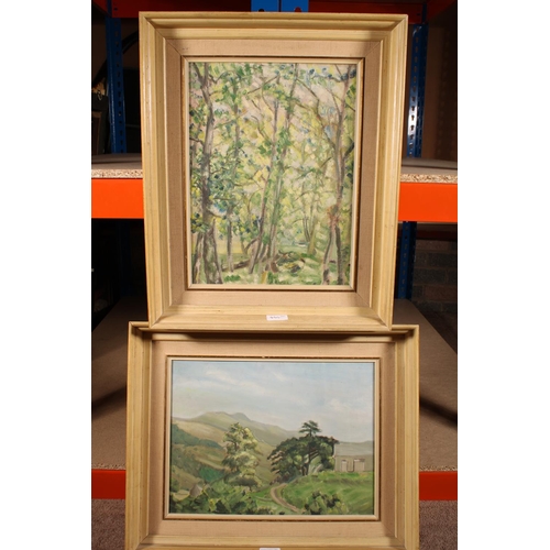 444 - 20TH CENTURY SCHOOL, Woodland and a Hillside, two oil paintings on canvas, unsigned, 39cm x 29cm, fr... 