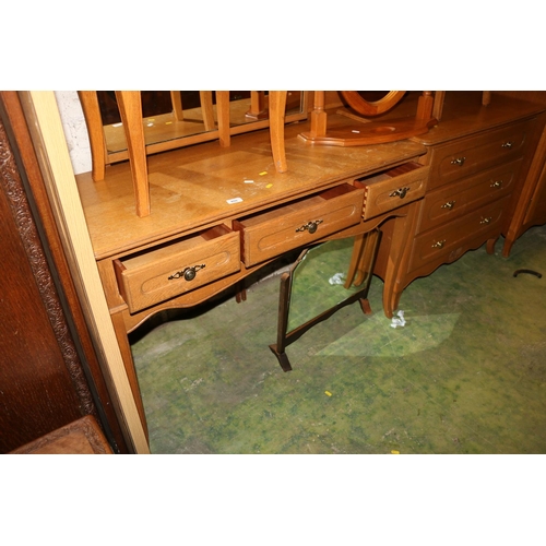 655 - Six piece pine effect bedroom suite comprising a dressing table, a stool, a bed head. bedside cabine... 