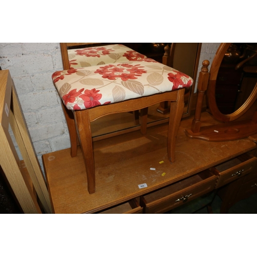 655 - Six piece pine effect bedroom suite comprising a dressing table, a stool, a bed head. bedside cabine... 