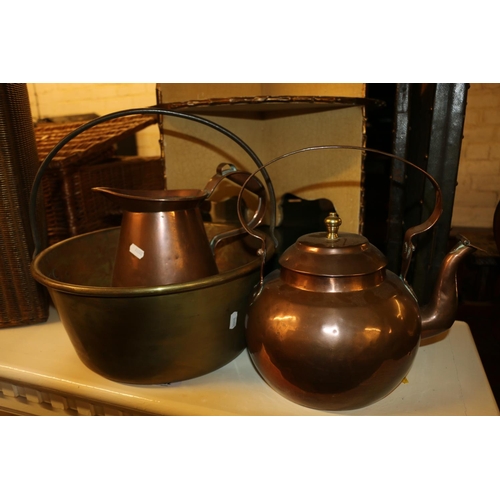 656 - Copper kettle, brass jam pan and a copper jug