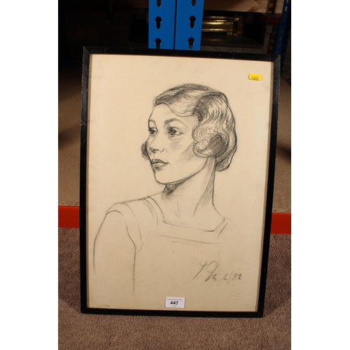 447 - Art Deco period charcoal drawing bust length portrait of a lady, signed with initials and dated 1932... 