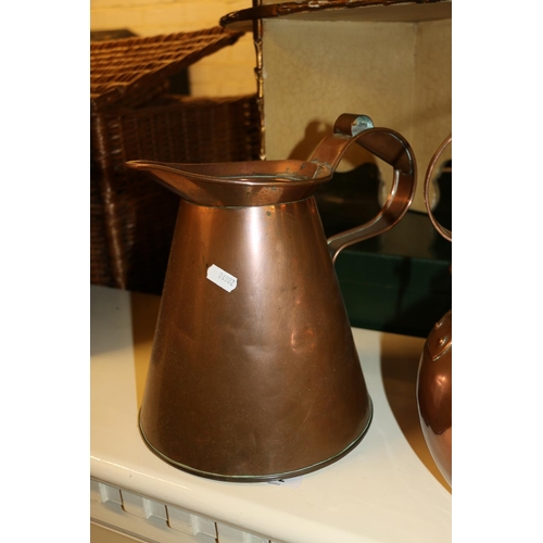 656 - Copper kettle, brass jam pan and a copper jug