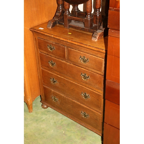 661 - Small oak chest of two short over three long drawers on ball feet, 81cm.