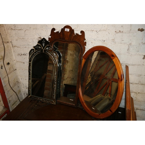 668 - Georgian style mahogany framed wall mirror, an oval wall mirror and a Venetian dressing table mirror... 