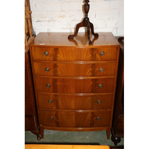 678 - Mahogany bow fronted chest of five long drawers, 108cm high.