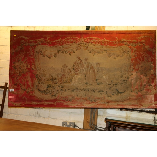 681 - Vintage embroidered tapestry wall hanging with Regency scene, 143cm wide.