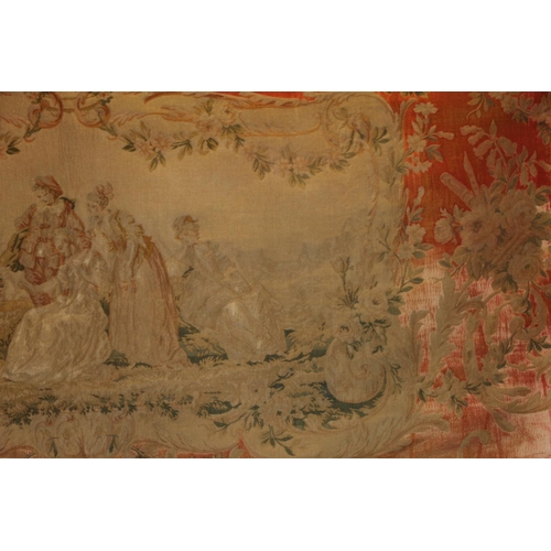 681 - Vintage embroidered tapestry wall hanging with Regency scene, 143cm wide.