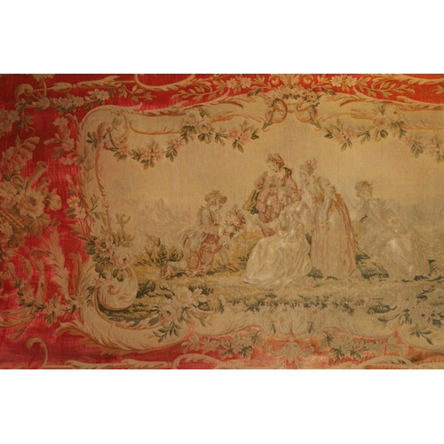 681 - Vintage embroidered tapestry wall hanging with Regency scene, 143cm wide.