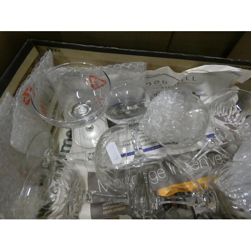 82 - Box of various glassware to include sundae glasses.