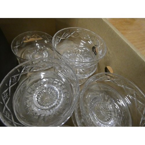 82 - Box of various glassware to include sundae glasses.