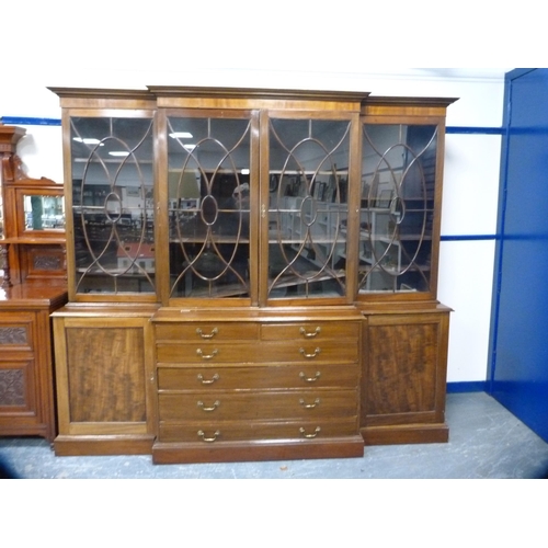 712 - Late 19th century mahogany breakfront library bookcase, the moulded cornice above four astragal glaz... 