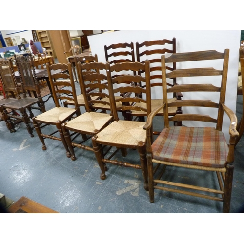 758 - Harlequin set of six Arts & Crafts Morris-style oak ladder-back dining chairs with rush seats an... 