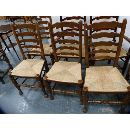 758 - Harlequin set of six Arts & Crafts Morris-style oak ladder-back dining chairs with rush seats an... 