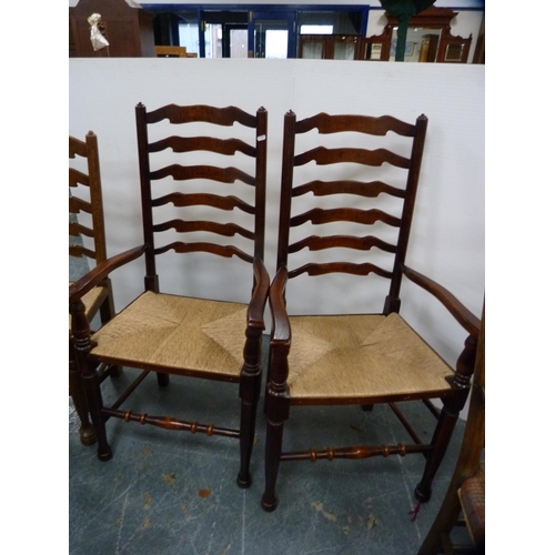 758 - Harlequin set of six Arts & Crafts Morris-style oak ladder-back dining chairs with rush seats an... 