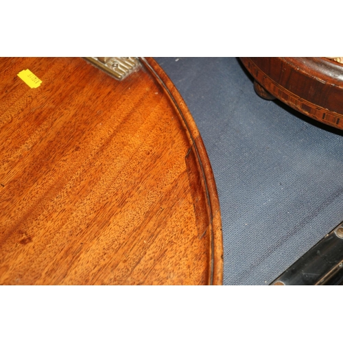 744 - Edwardian mahogany round butlers serving tray with fluted brass handles, W60cm