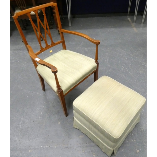 513 - Edwardian fruit wood elbow armchair and a modern green foot stool under seat storage.