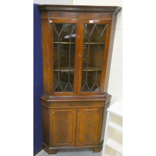 520 - Modern mahogany astragal glazed corner cupboard.