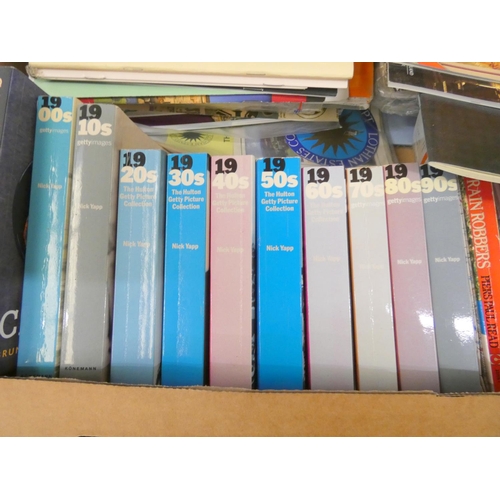 129 - Large box of modern travel guides and year books.