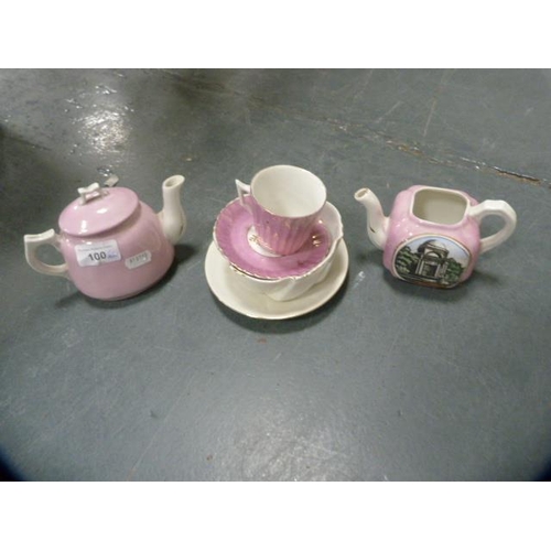 100 - Collection of crested ware to include various makers, Burns' pink lustre teapot, Dumfries cup and sa... 