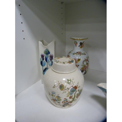 106 - Burslem Victorian-style part dinner set, ginger jar and two modern vases (one shelf).