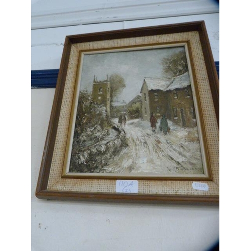 110A - Still life, oil on board, another of a village scene by B Woolley and another floral still life by E... 