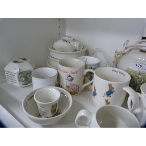 119 - Wedgwood Etruria and Royal Albert Peter Rabbit-themed children's tablewares to include mugs, baby pl... 