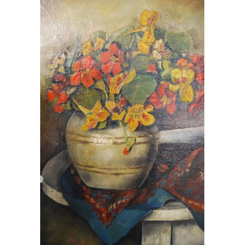 122 - AdamStill life of flowers in a vaseUnframed oil on canvas.