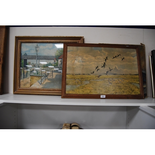 123 - Oil on canvas of flying ducks, signed indistinctly, and a watercolour by Marla Tyrrell of a bridge. ... 