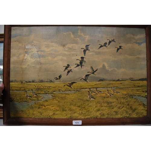 123 - Oil on canvas of flying ducks, signed indistinctly, and a watercolour by Marla Tyrrell of a bridge. ... 