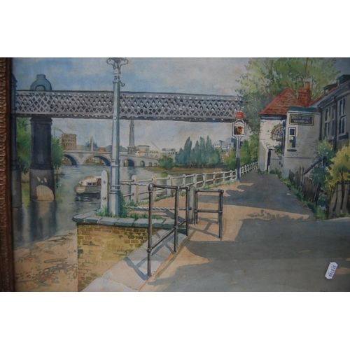 123 - Oil on canvas of flying ducks, signed indistinctly, and a watercolour by Marla Tyrrell of a bridge. ... 