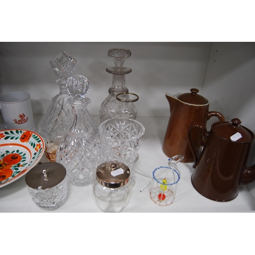 129 - Georgian-style crystal and glass decanters, teawares, Wedgwood tankard, pair of art pottery vases, s... 